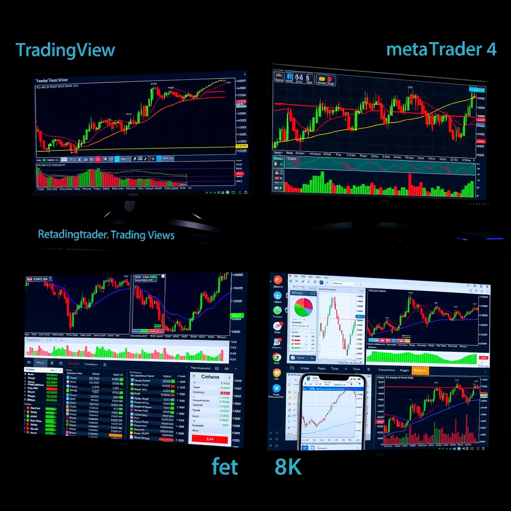 Side-by-side comparison of TradingView and MetaTrader 4 trading platforms showing charting interfaces, technical indicators, and user interface elements with professional trading charts and analysis tools displayed on modern monitors