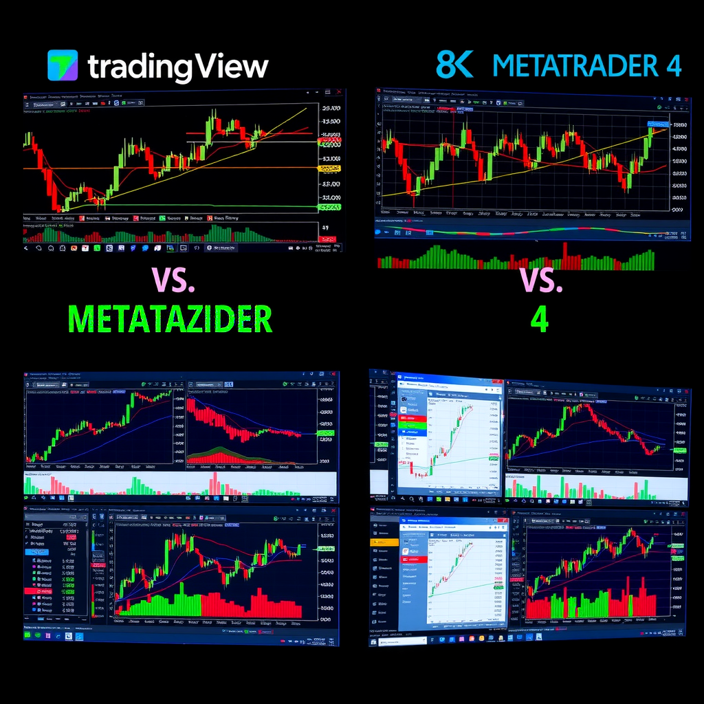 Side-by-side comparison of TradingView and MetaTrader 4 trading platforms showing charting interfaces, technical indicators, and user dashboards with professional trading charts displaying candlestick patterns and technical analysis tools