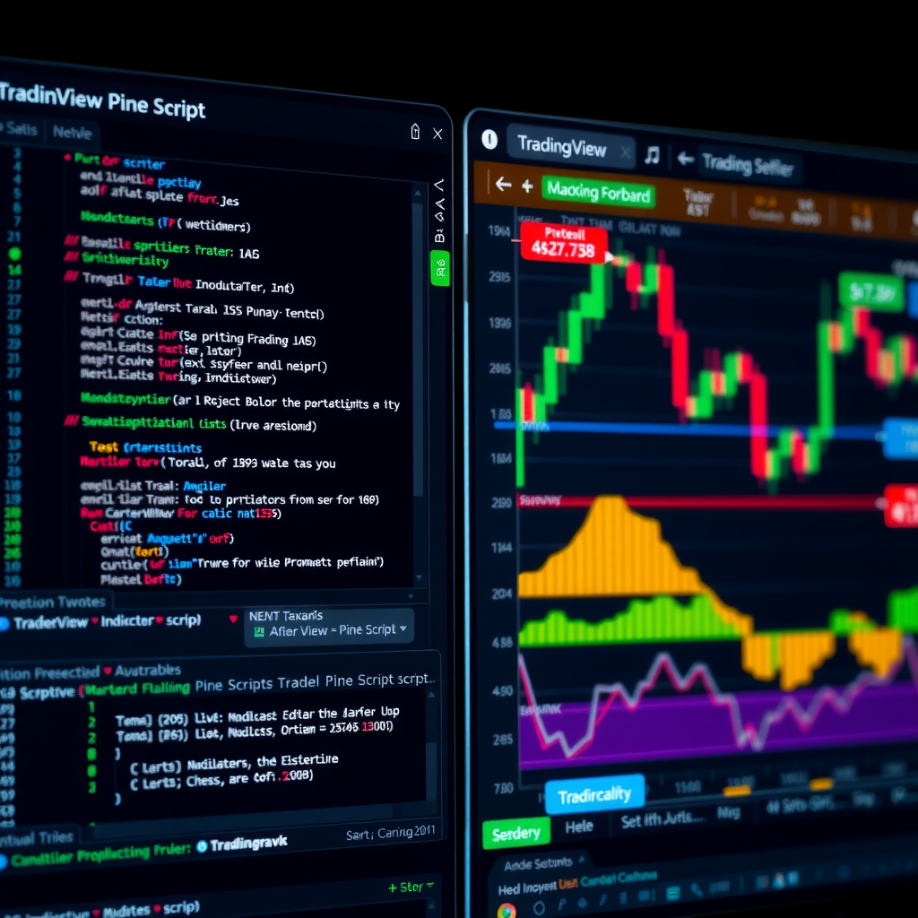 TradingView Pine Script editor interface showing code on the left side and a financial chart with custom indicators on the right side, displaying candlestick patterns and technical analysis overlays