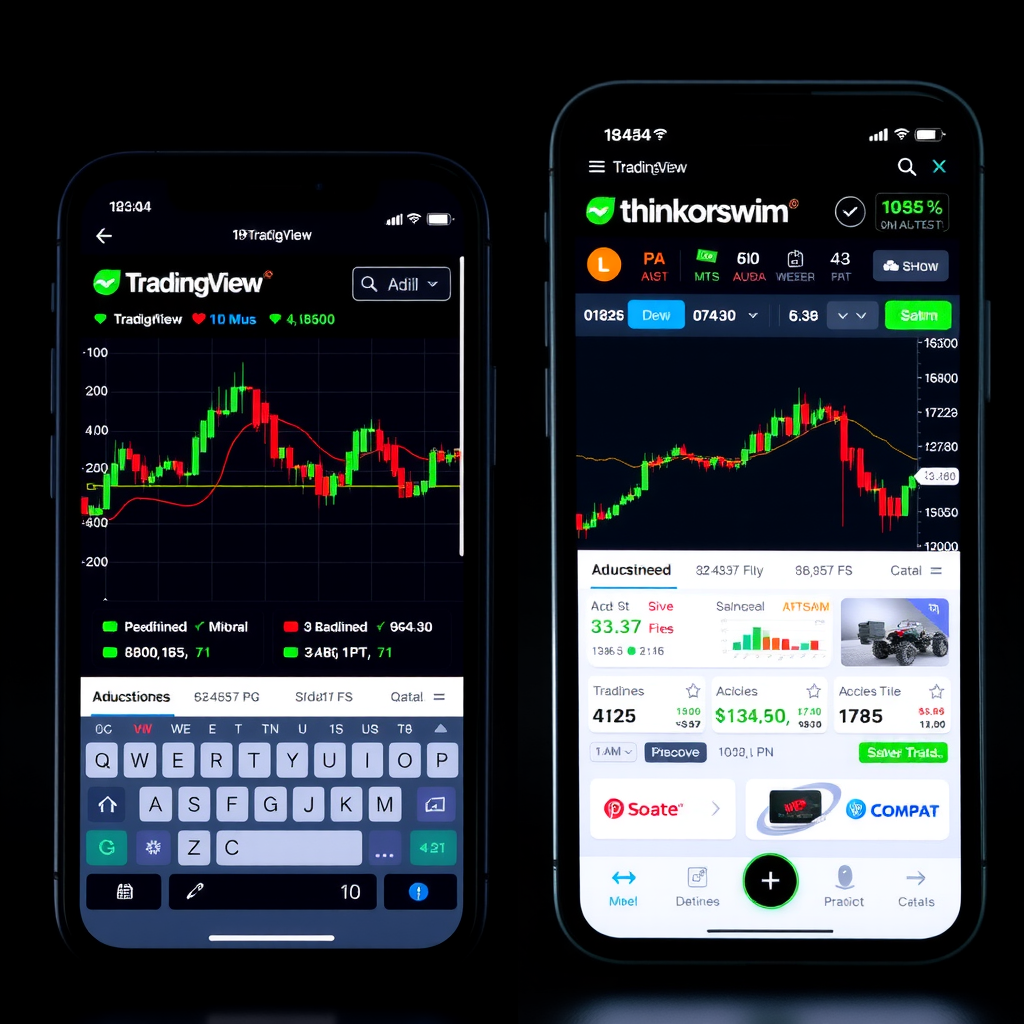 Side-by-side comparison of TradingView mobile app and Thinkorswim mobile interface showing chart displays, trading tools, and user interfaces on smartphone screens with market data and technical indicators visible