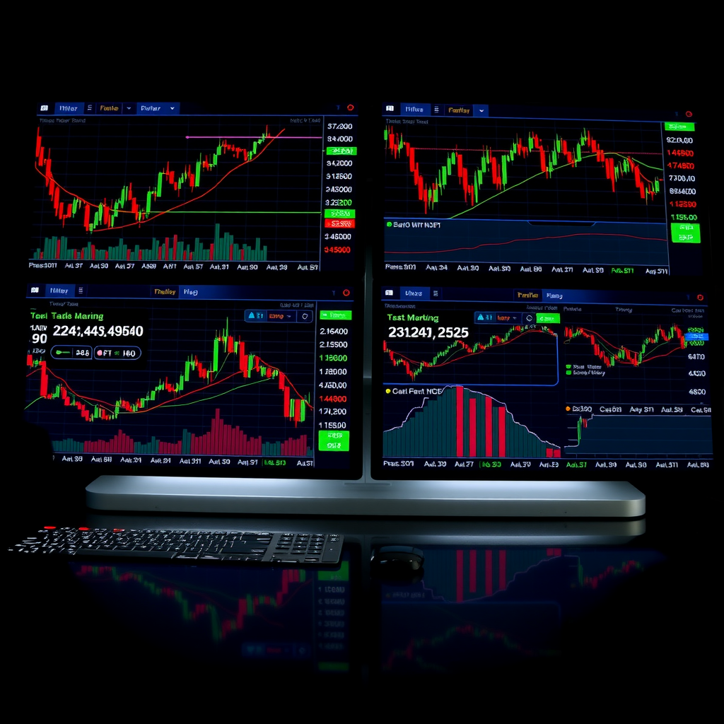 Modern trading platform dashboard displaying multiple chart windows with technical indicators, real-time market data feeds, and advanced analytics tools across different asset classes