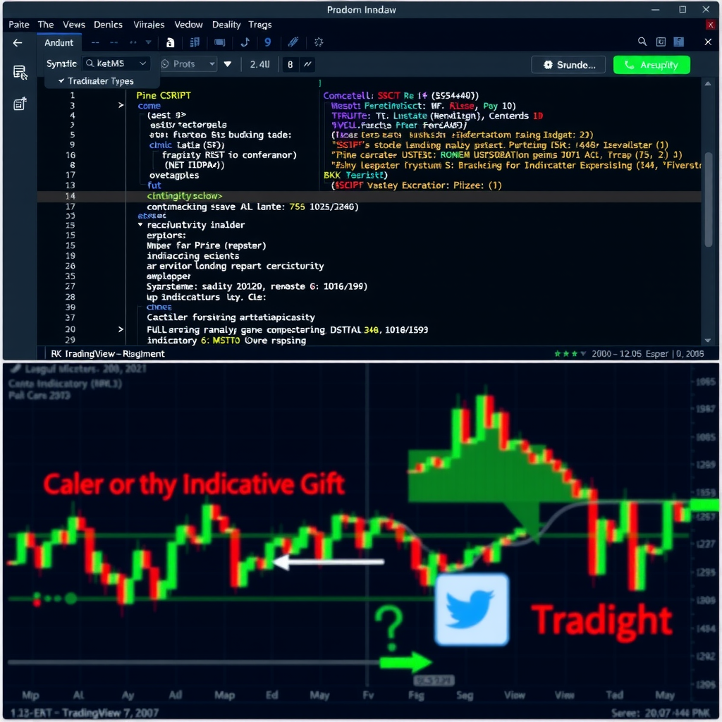 TradingView Pine Script code editor interface showing custom indicator programming with syntax highlighting, code examples, and resulting technical analysis charts displaying custom-built trading indicators and overlays