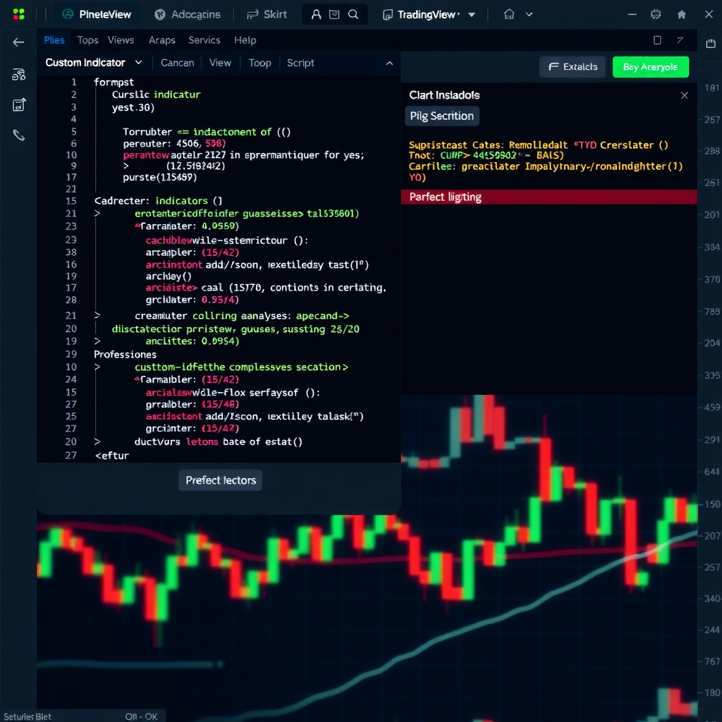 TradingView Pine Script code editor interface showing custom indicator programming with syntax highlighting, code examples, and resulting technical analysis indicators displayed on trading charts