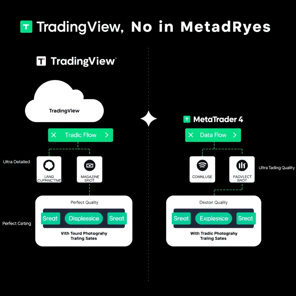 Diagram illustrating the architectural differences between TradingView's cloud-based system and MetaTrader 4's desktop-centric approach, showing data flow and connectivity options