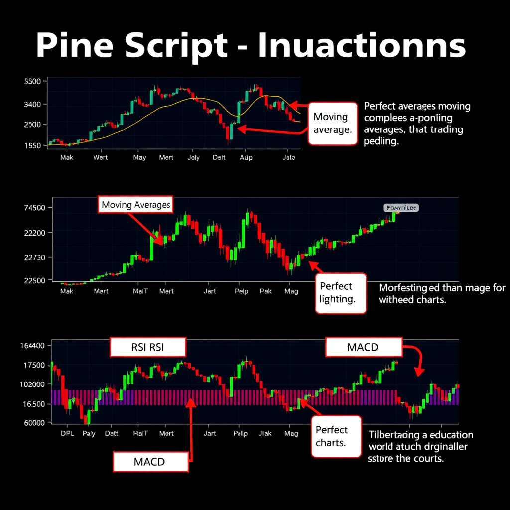 Educational diagram illustrating how different Pine Script functions like moving averages, RSI, and MACD appear on trading charts with labeled examples and color-coded lines