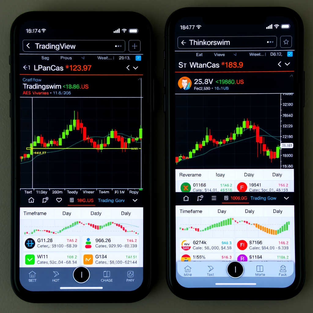 Detailed comparison showing TradingView and Thinkorswim mobile chart interfaces with technical indicators, drawing tools, candlestick patterns, and timeframe options displayed on smartphone screens