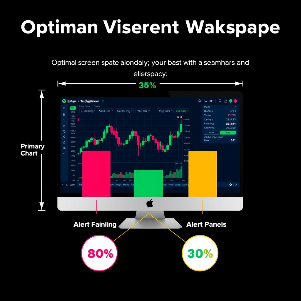 Diagram illustrating optimal screen space allocation for TradingView workspace with percentages for primary chart, watchlist, secondary charts, and alert panels highlighted in different colors