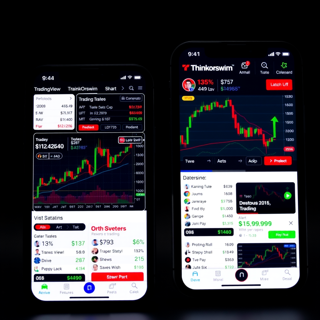 Mobile devices displaying TradingView and Thinkorswim trading applications side by side, showing mobile chart interfaces, order execution screens, alert notifications, and touch-optimized trading tools on smartphones and tablets