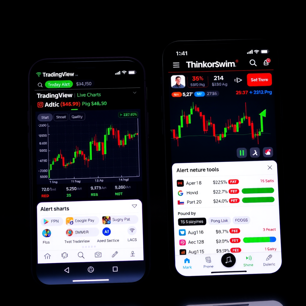 Mobile trading application interfaces showing TradingView and Thinkorswim apps on smartphones with live charts, order execution screens, alert notifications, and mobile-optimized trading tools
