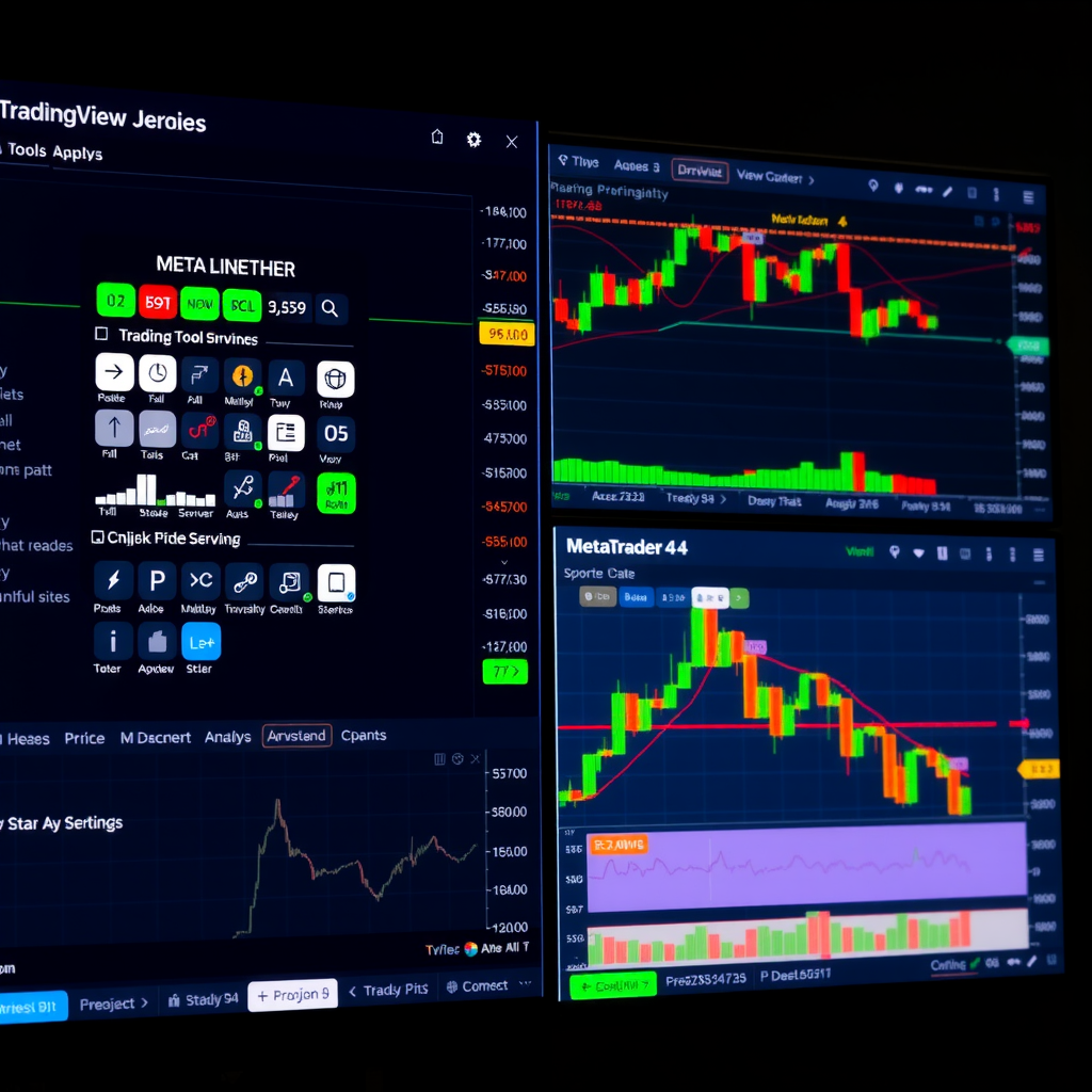 Split screen showing TradingView's extensive drawing tools palette on the left and MetaTrader 4's streamlined technical analysis tools on the right, both displaying annotated price charts