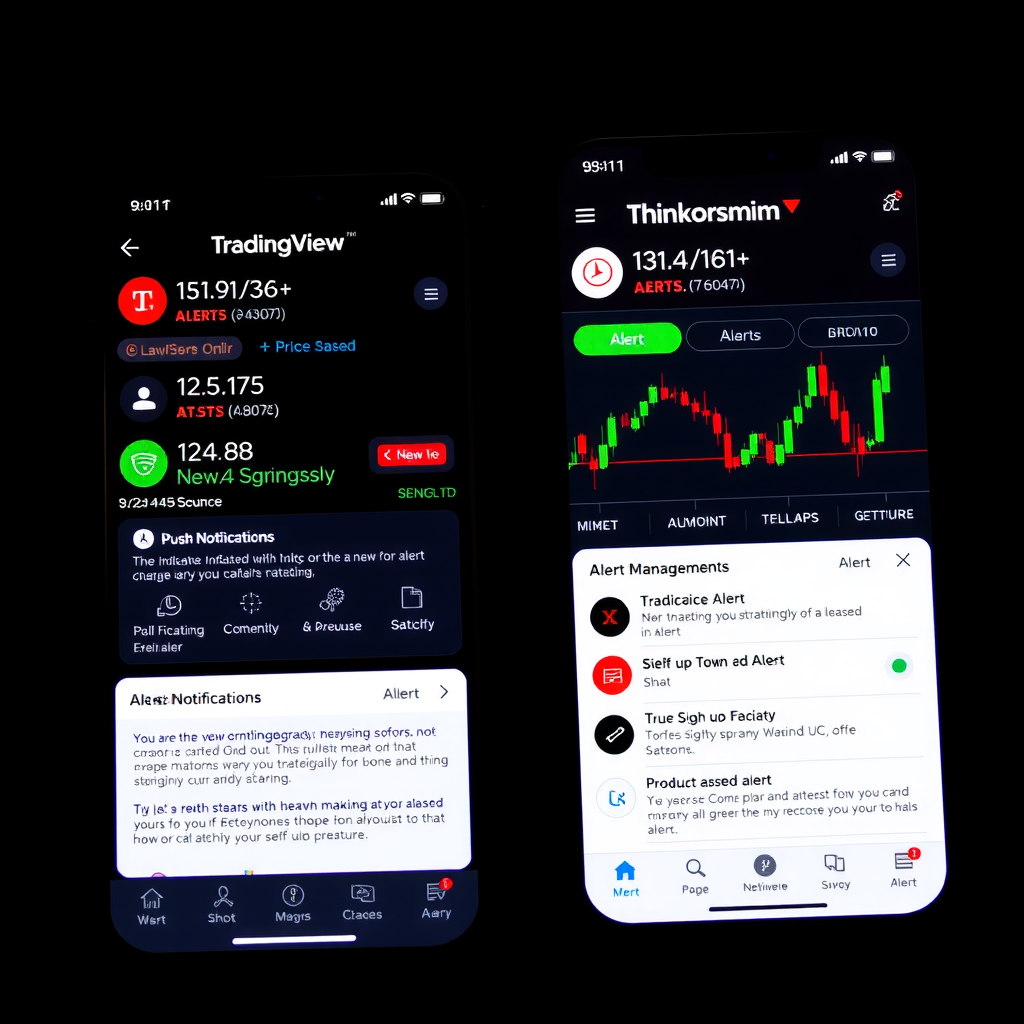 Mobile phone screens displaying TradingView and Thinkorswim alert notification interfaces, showing price alerts, indicator-based alerts, push notifications, and alert management panels