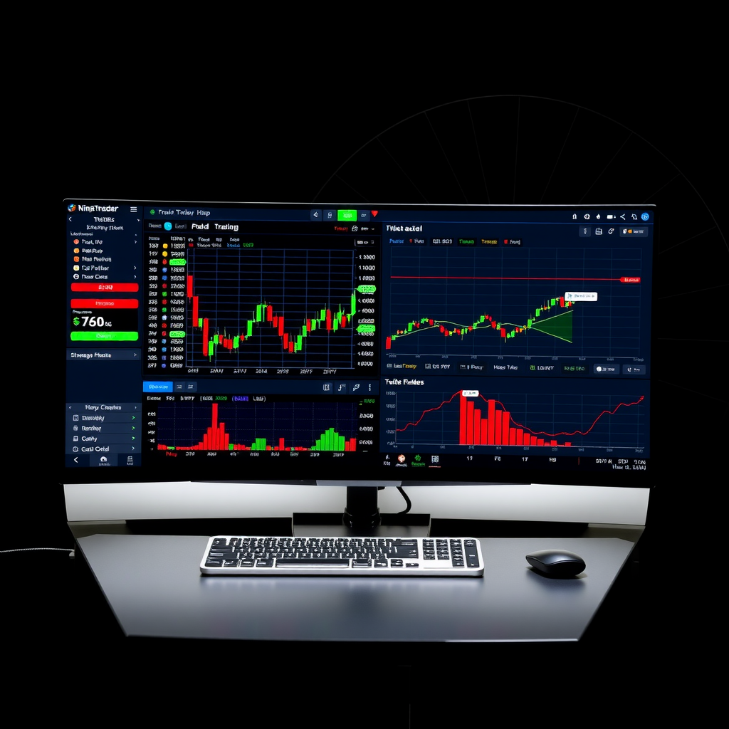 NinjaTrader professional trading interface displaying advanced order entry system, depth of market ladder, real-time futures charts, and strategy analyzer with performance metrics