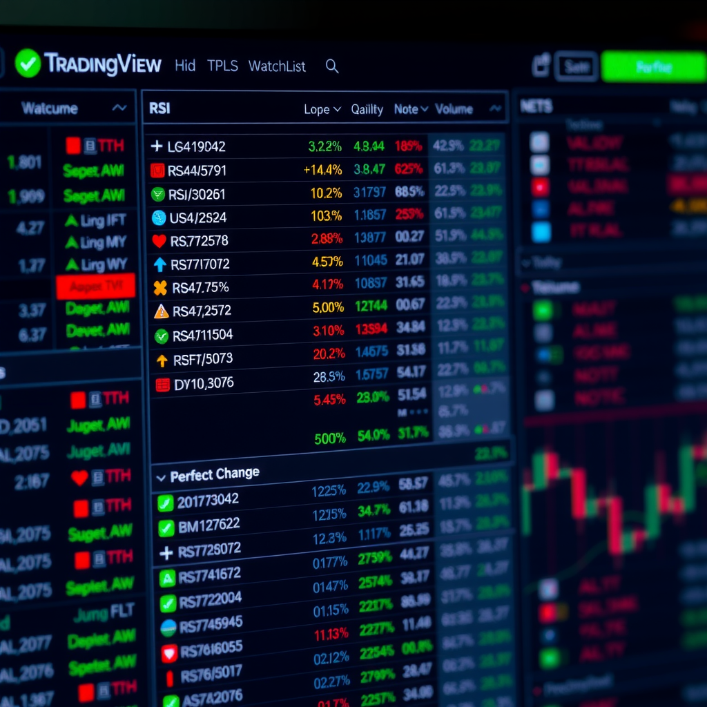 Screenshot of a professionally organized TradingView watchlist featuring custom columns for RSI, volume, percentage change, with color-coded symbols and detailed notes visible