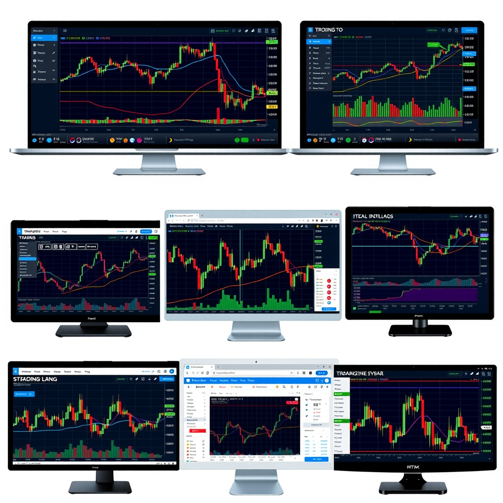 Collage of seven different trading platform interfaces showing various chart analysis tools, technical indicators, and unique features of TradingView alternatives including advanced charting capabilities and data visualization