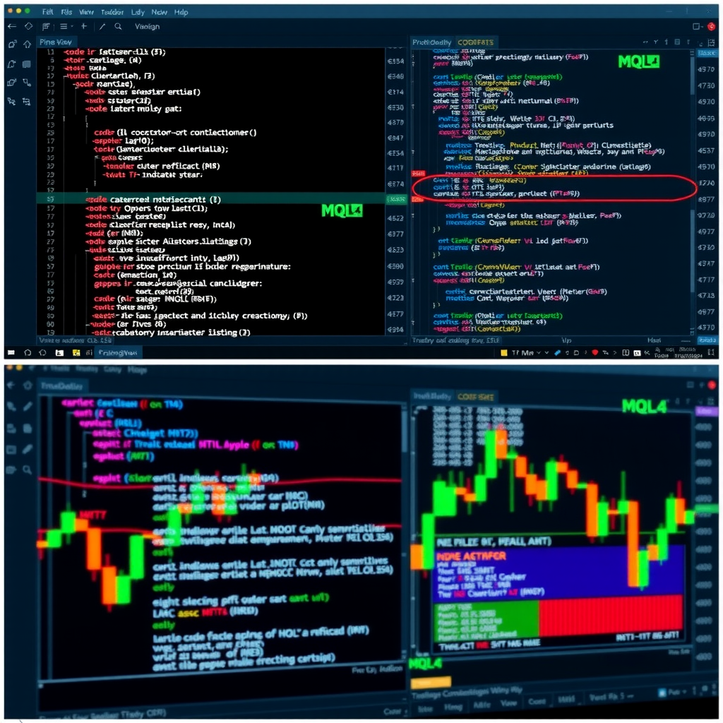 Code editor screenshots showing Pine Script code in TradingView on the left and MQL4 code in MetaTrader 4 on the right, with corresponding indicator outputs displayed on charts