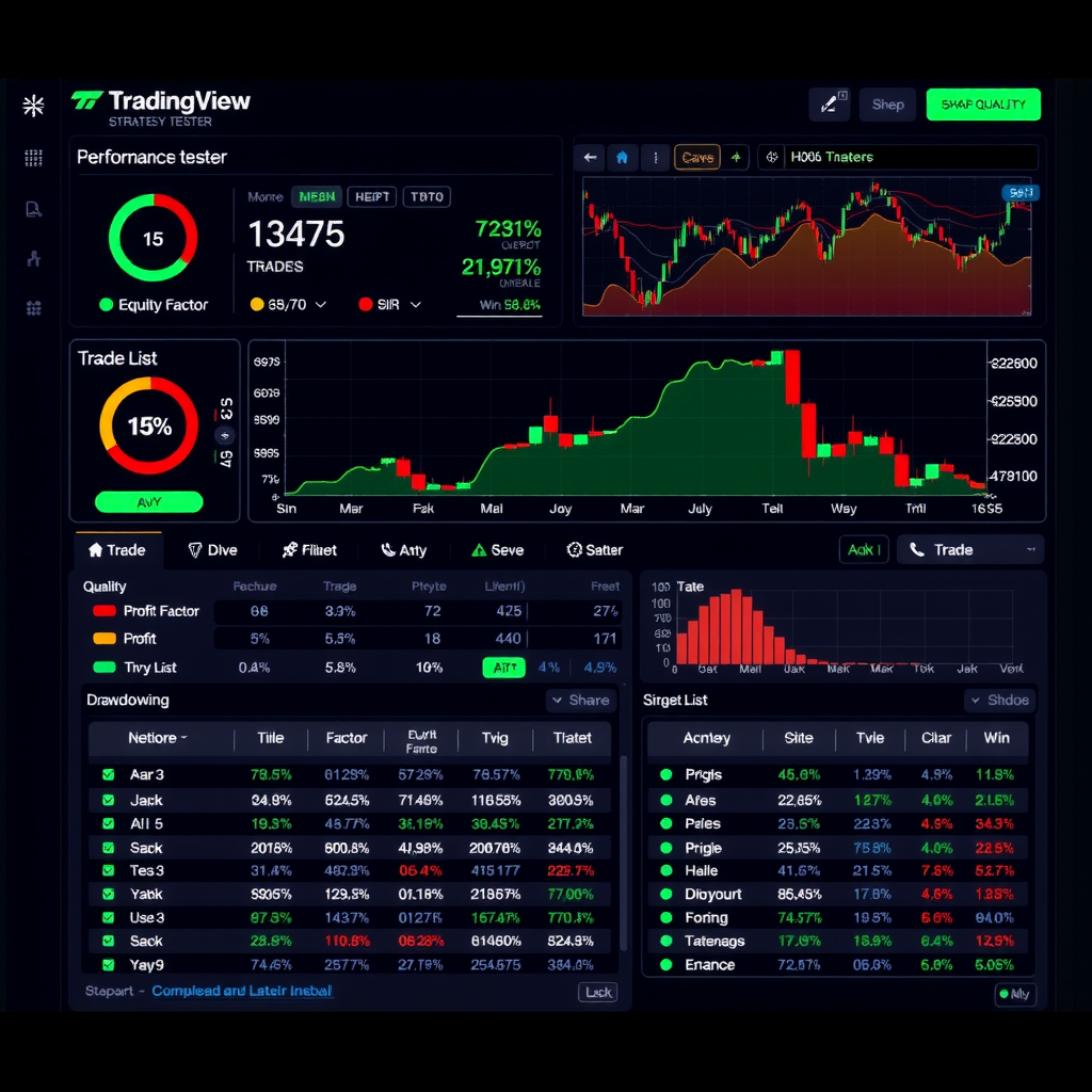 TradingView strategy tester interface showing performance metrics, equity curve, trade list, and detailed statistics including profit factor, win rate, and drawdown analysis
