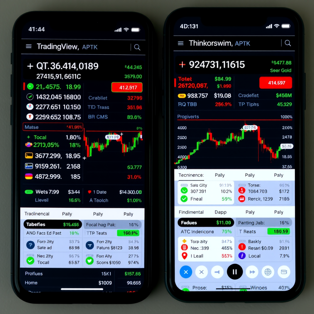 Comparison of market data displays on TradingView and Thinkorswim mobile apps showing real-time quotes, Level II data, options chains, market depth, and fundamental analysis tools on smartphone interfaces
