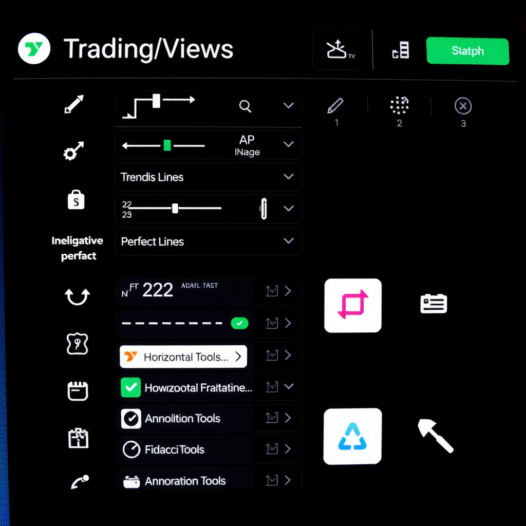 TradingView drawing toolbar showing organized favorite tools including trend lines, horizontal lines, Fibonacci tools, and annotation tools with clear icons and labels