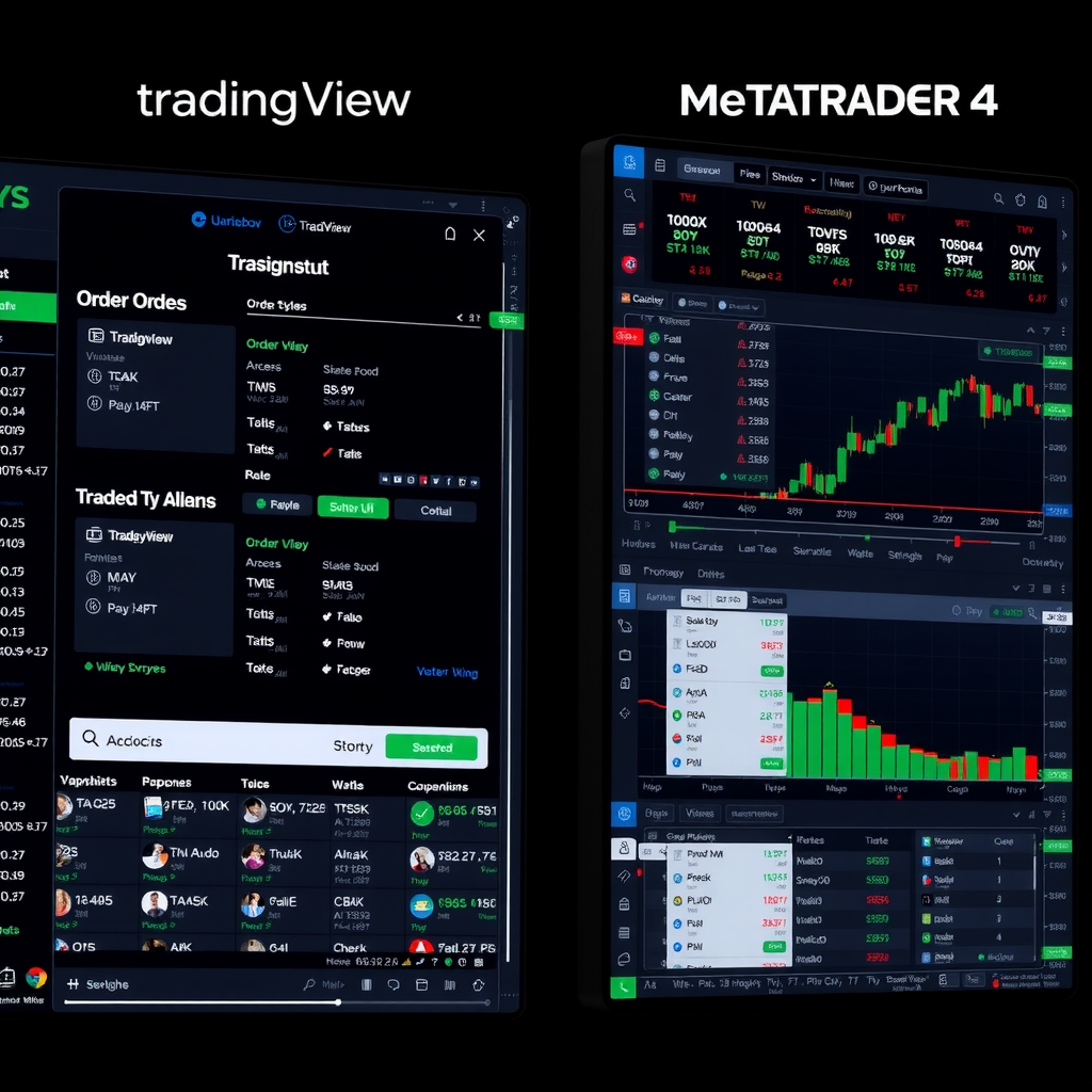 Comparison of trading panels showing TradingView's streamlined order entry interface on the left and MetaTrader 4's comprehensive trading terminal with multiple order types and management options on the right
