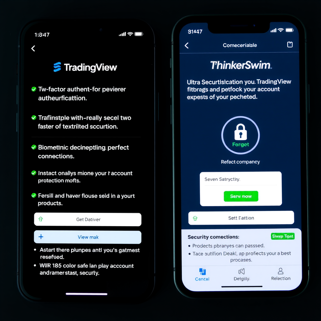 Visual comparison of security features on TradingView and Thinkorswim mobile apps including two-factor authentication, biometric login, encrypted connections, and account protection measures displayed on smartphone screens
