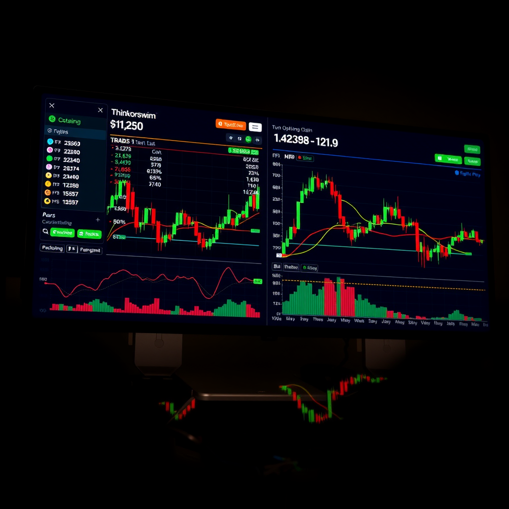 Thinkorswim trading platform interface displaying advanced options chain analysis, probability cone projections, multi-leg options strategies, and integrated stock charts with technical studies