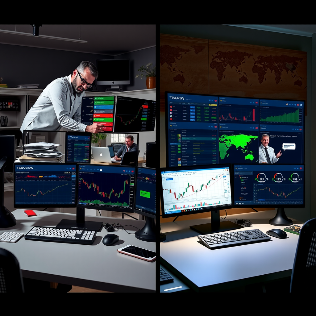 Side-by-side comparison showing a cluttered TradingView workspace with too many indicators and disorganized panels on the left, versus a clean, optimized workspace with strategic layout and minimal indicators on the right