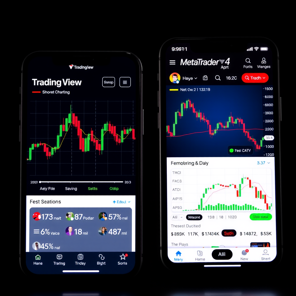 Side-by-side smartphone screens showing TradingView's mobile app with detailed charting interface on the left and MetaTrader 4's mobile app with trading-focused interface on the right
