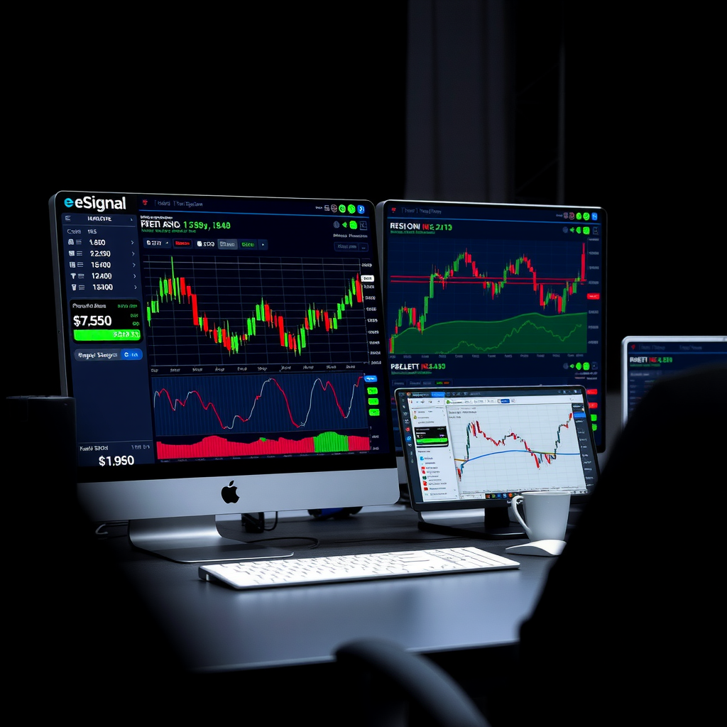 eSignal professional trading platform displaying advanced technical analysis charts, real-time market scanning tools, institutional-grade data feeds, and comprehensive market depth information