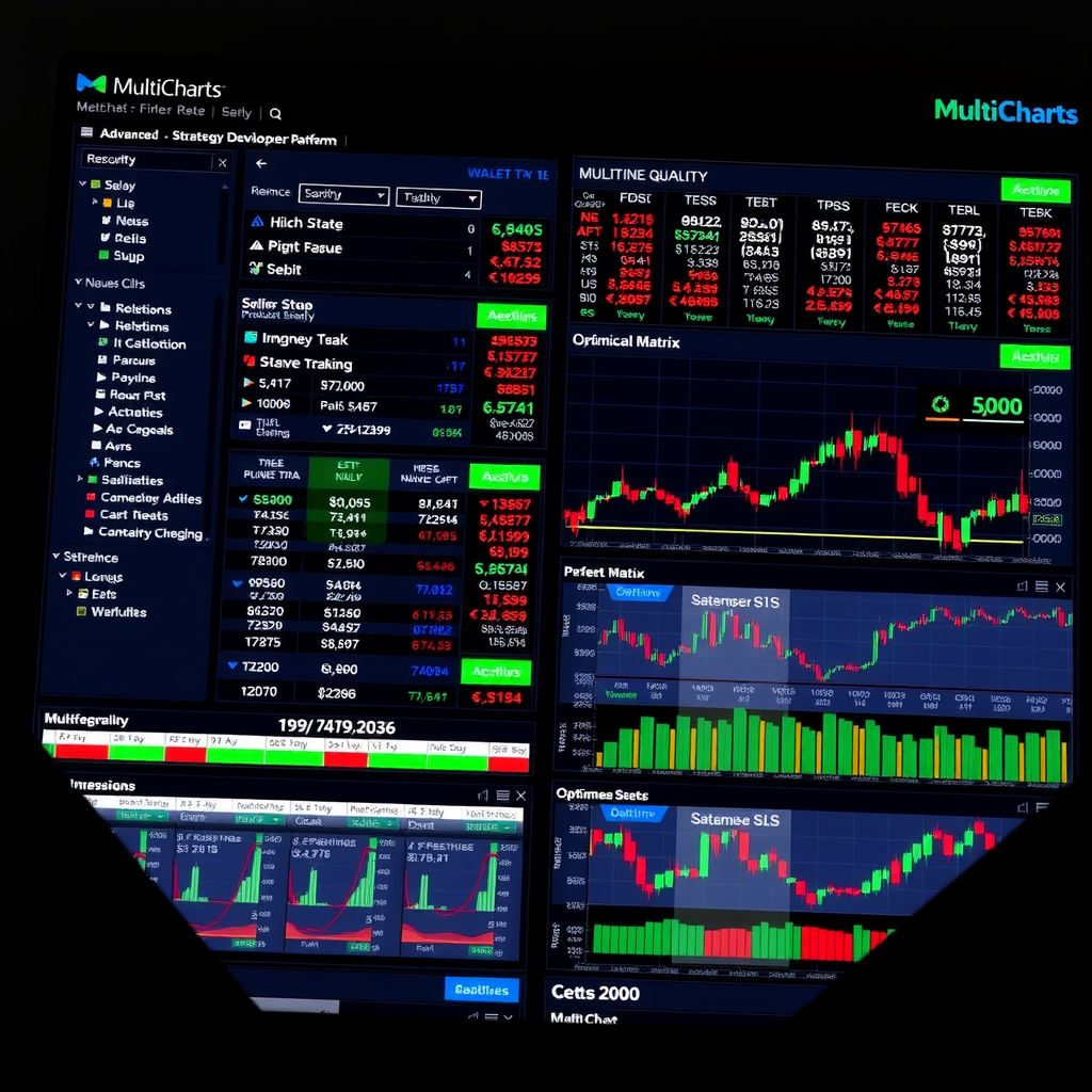 MultiCharts trading platform interface showing advanced strategy development environment, comprehensive backtesting results with performance metrics, optimization matrix, and multi-timeframe chart analysis